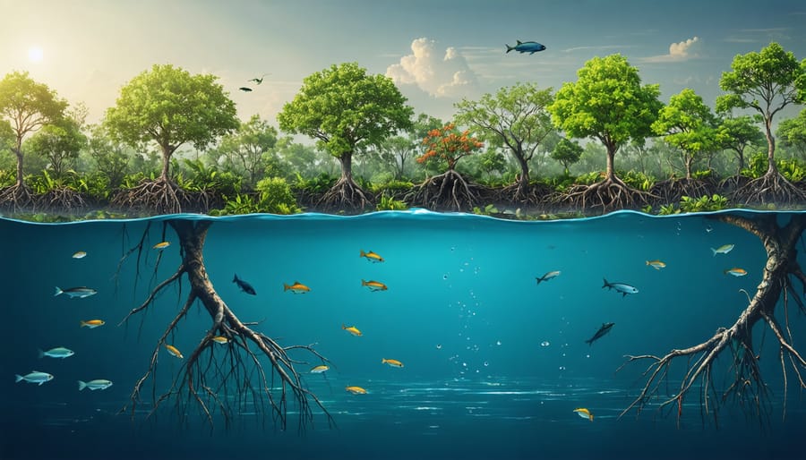 Conceptual illustration of mangrove forests depicting underwater root systems with diverse marine life, coastal protection, and eco-friendly community activities, highlighting their role in carbon storage.