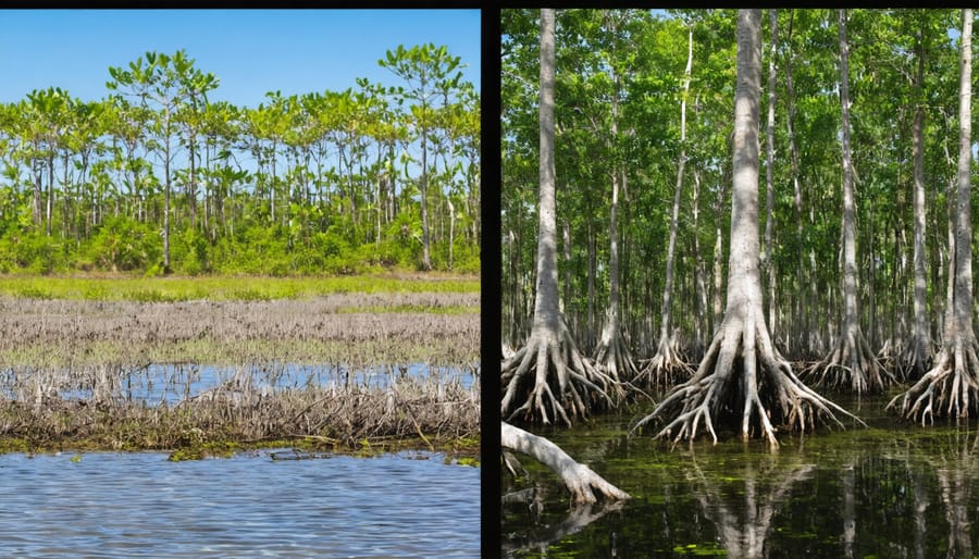 Side-by-side comparison of thriving and deteriorating mangrove ecosystems due to rising sea levels
