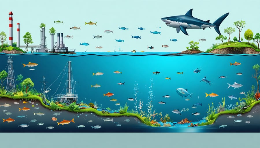 An illustrative cross-section of a marine food web showing heavy metal accumulation from plankton to a top predator, depicting the sources of contamination and the biomagnification process.