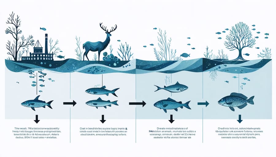 Diagram illustrating how mercury concentrations increase from small fish to larger predators in the marine food chain