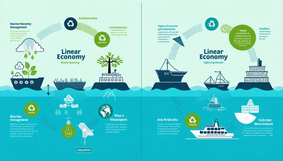 Comparison diagram of circular and linear economy approaches in marine resource management