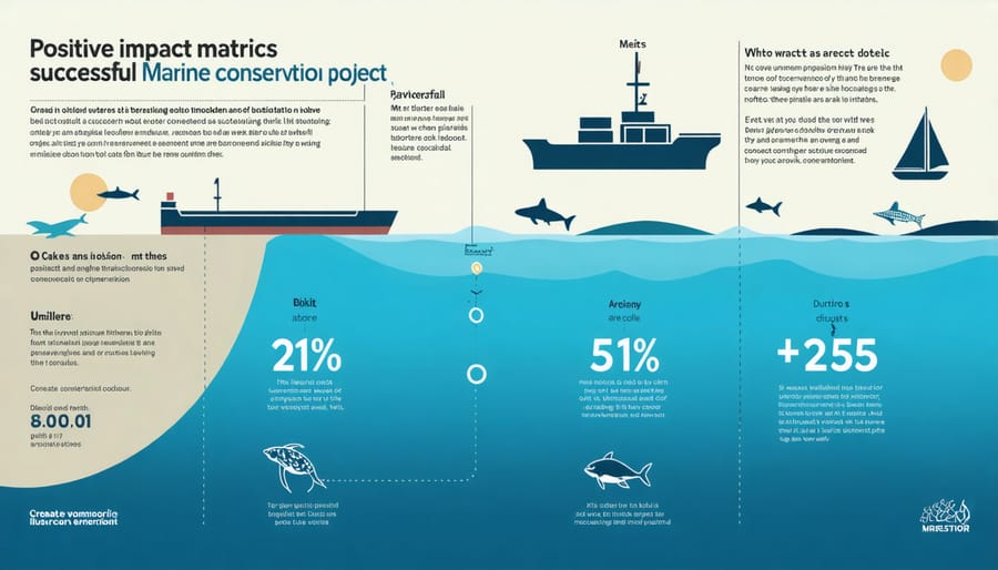 Visual representation of conservation success metrics including fish population growth, community participation rates, and coral reef health improvements