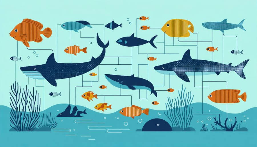 Illustrated diagram of marine species relationships showing predator-prey connections and ecosystem dependencies
