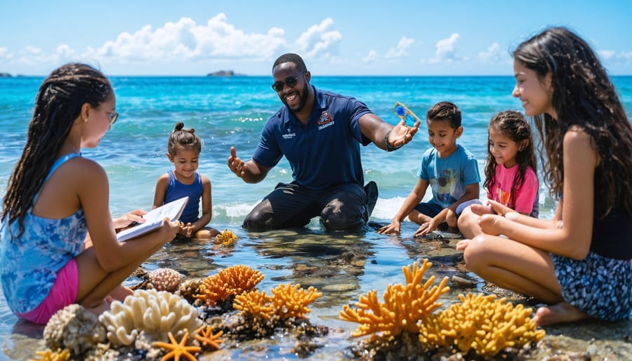 A marine educator enthusiastically teaching a diverse group of students at a tide pool, holding a coral reef model and engaging them with the wonders of marine life, symbolizing the connection between education and ocean conservation.