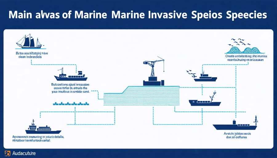 Illustrated diagram of common marine invasion pathways and vectors