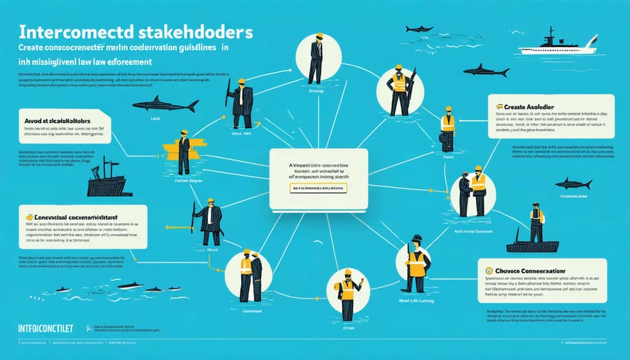 Visual diagram depicting relationships between conservation organizations, government agencies, and local communities in marine law enforcement