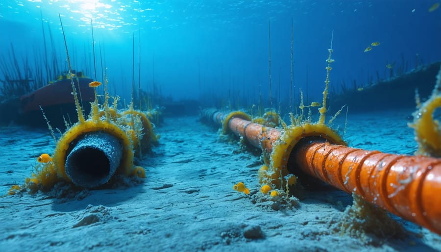 Marine organisms and coral growing on submarine cable resting on ocean bottom