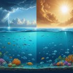 Conceptual image showing the dual threats to marine ecosystems: vibrant coral reefs below the water being polluted by microplastics and other debris, while rising temperatures and stormy skies threaten from above.