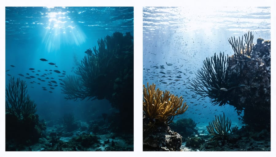 Side-by-side comparison of marine life behavior under natural and artificial lighting conditions