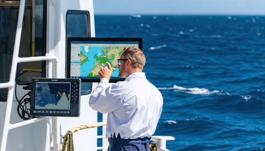 Marine researchers using modern mapping technology aboard research vessel