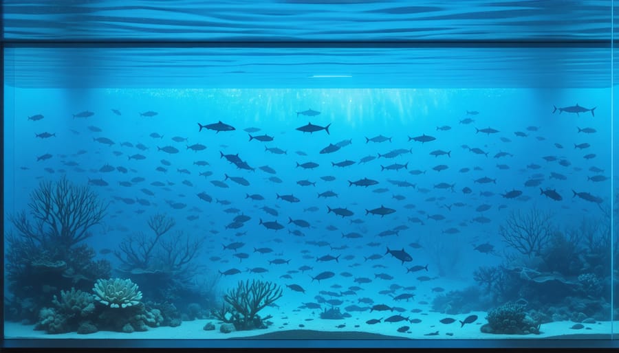 Futuristic 3D hologram displaying AI-tracked fish migration routes across ocean currents
