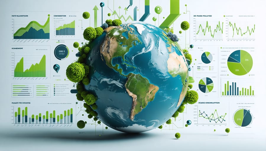 Illustration of the Earth surrounded by graphs and data visualizations highlighting ocean pollution, depicting plastic waste in blue, chemical contamination in red, and green arrows indicating recovery potential.