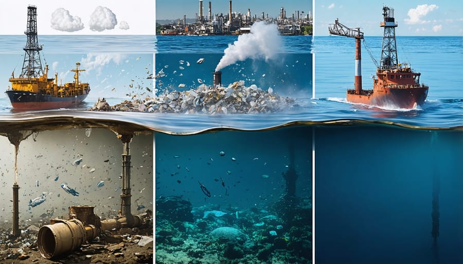 Composite image showing three major sources of marine pollution: factory discharge pipes, oil tanker, and floating plastic debris