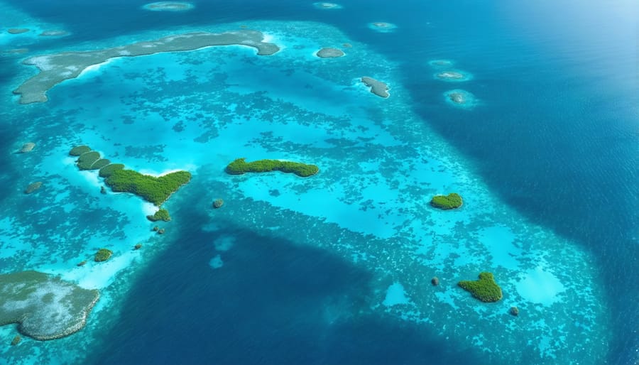 Drone photograph of a marine protected area featuring coral reefs, seagrass beds, and mangroves