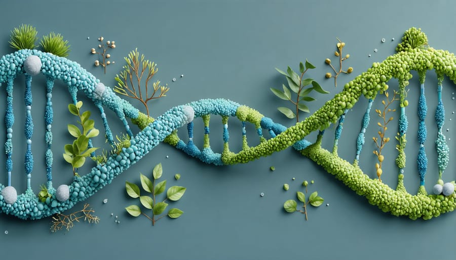 Conceptual illustration of quantitative genes in marine plant DNA with multiple trait indicators