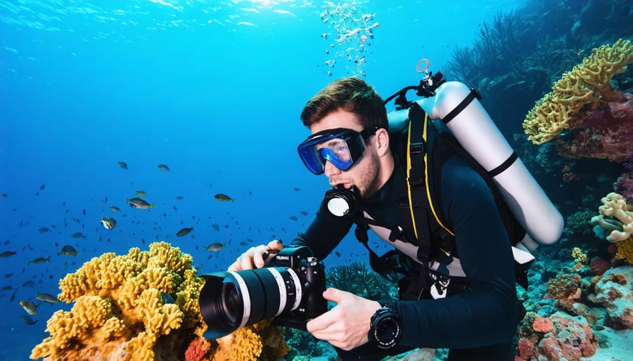 Marine researcher conducting underwater photography of coral reef for scientific documentation
