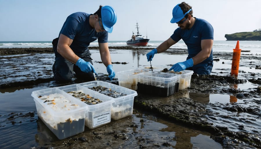 Marine scientists on a research vessel collecting water and tissue samples for heavy metal testing