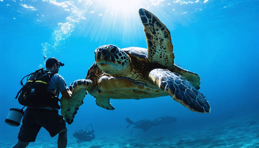 Scientists carefully attaching tracking device to endangered sea turtle