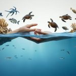 Conceptual collage highlighting the relationship between marine life and legal protection, featuring coral reefs, sea turtles, legal documents, and collaborative hands against an abstract ocean backdrop.