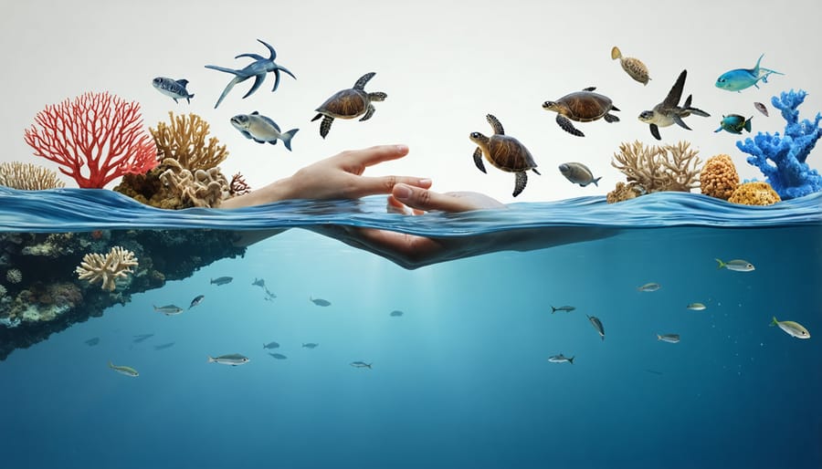 Conceptual collage highlighting the relationship between marine life and legal protection, featuring coral reefs, sea turtles, legal documents, and collaborative hands against an abstract ocean backdrop.