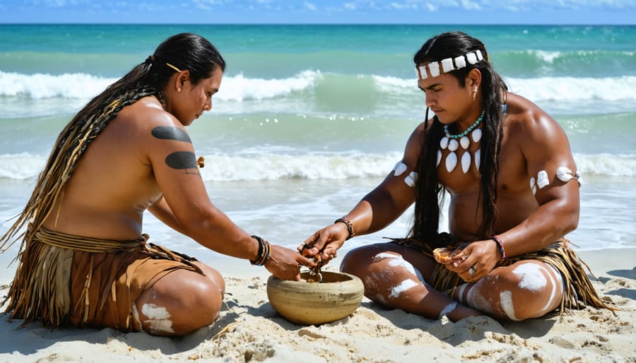 Group of Maya people conducting sacred water ceremony at sunrise on Yucatan coast