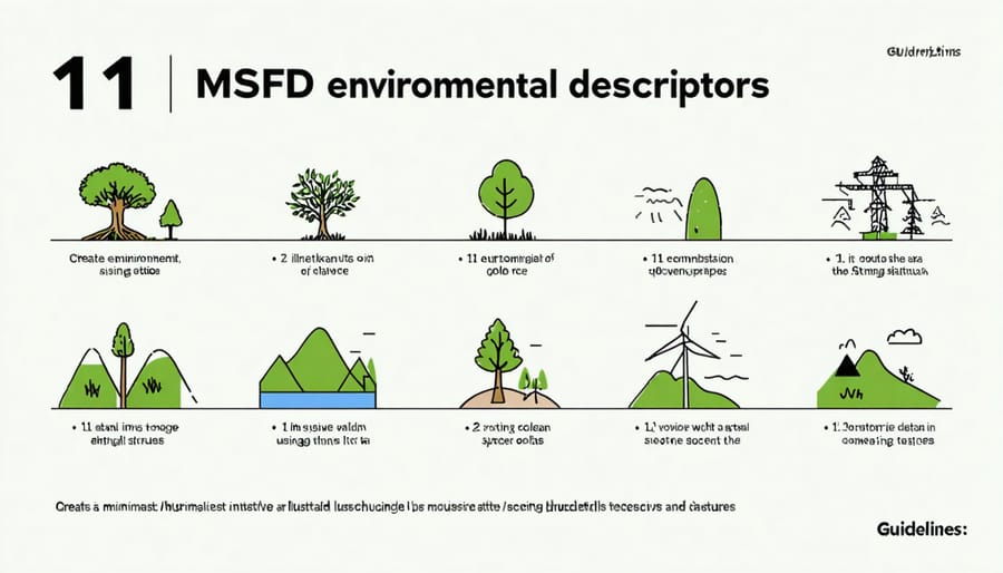 Visual representation of the eleven environmental quality descriptors used in the Marine Strategy Framework Directive