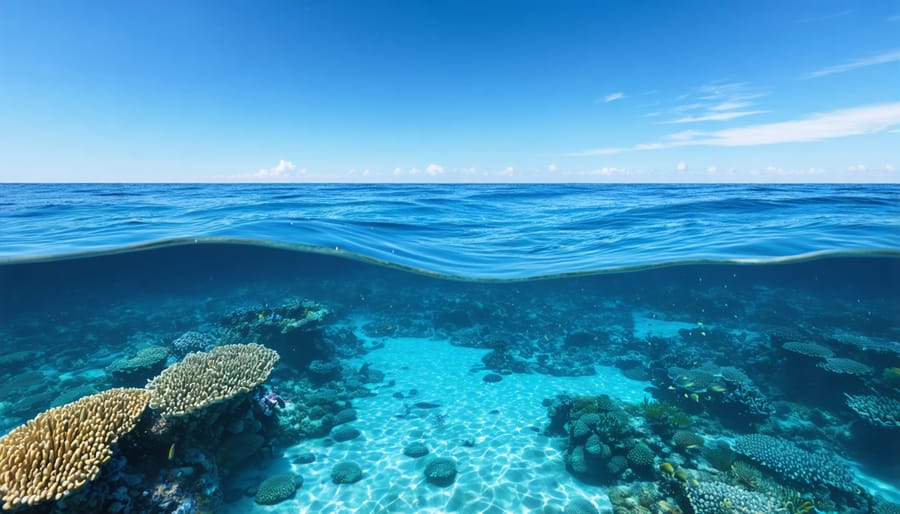 A serene ocean view illustrating marine biodiversity, showcasing the interconnectedness of coral reefs, fish, and seagrass, representing the holistic approach of the Marine Strategy Framework Directive.