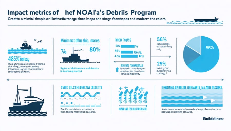 Visual representation of key statistics including tons of debris removed, volunteer hours, and areas cleaned