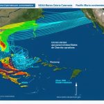 Satellite map visualizing marine debris distribution in the Pacific Ocean with colored hotspots and currents, highlighting cleanup efforts by NOAA's Marine Debris Program.