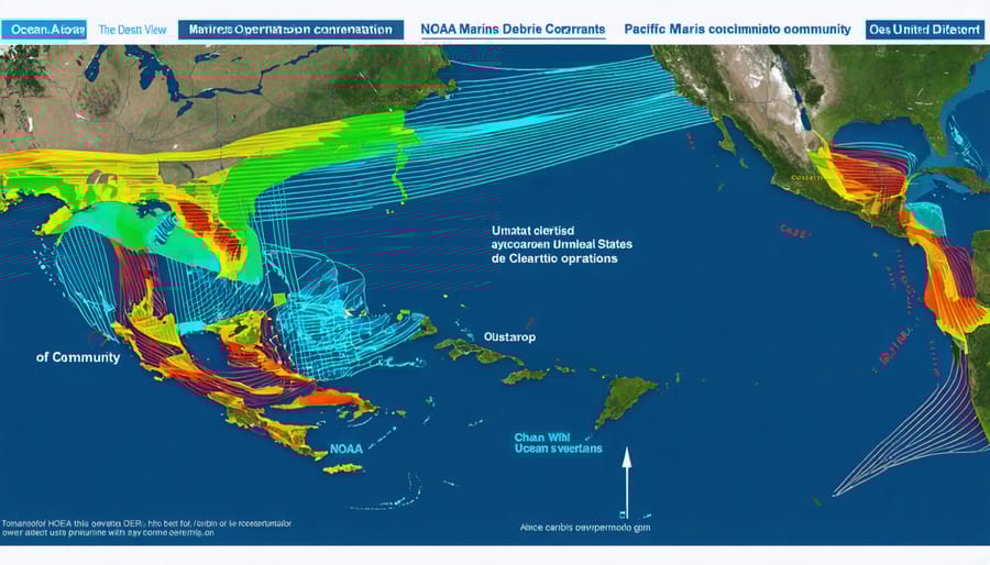 Satellite map visualizing marine debris distribution in the Pacific Ocean with colored hotspots and currents, highlighting cleanup efforts by NOAA's Marine Debris Program.