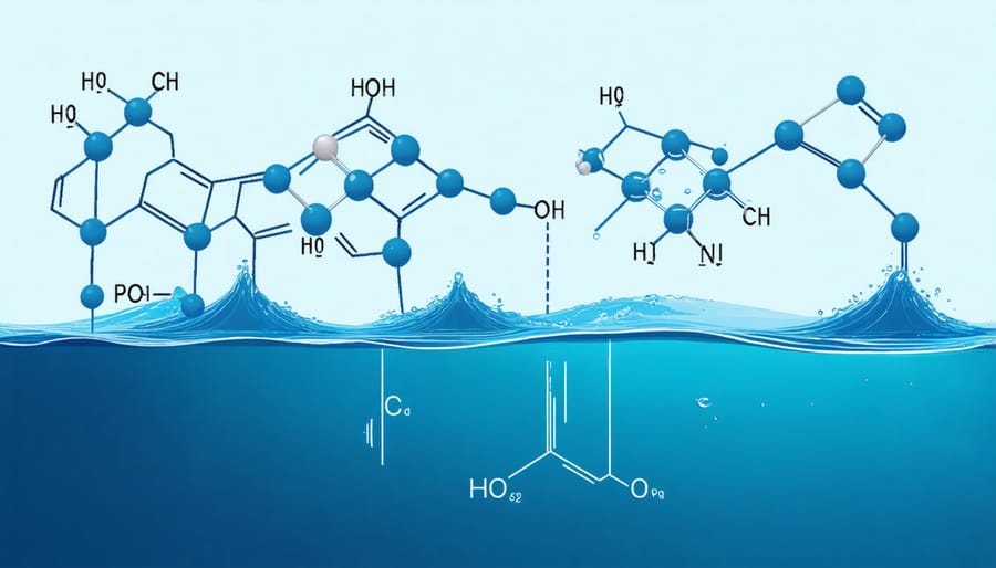 Chemical process diagram illustrating how carbon dioxide molecules dissolve in seawater to create carbonic acid and lower pH levels