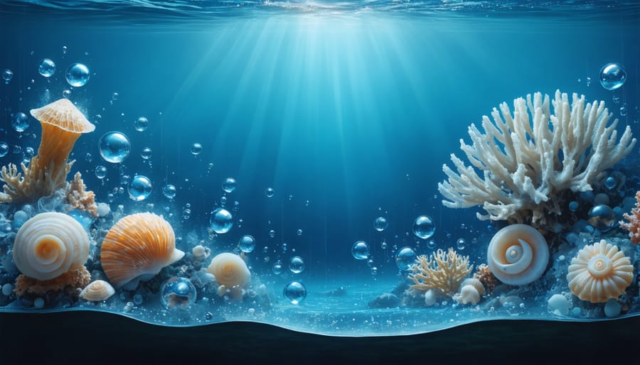 Conceptual illustration of ocean acidification showing CO2 reacting with seawater, causing shell dissolution and coral bleaching beneath a calm ocean surface.
