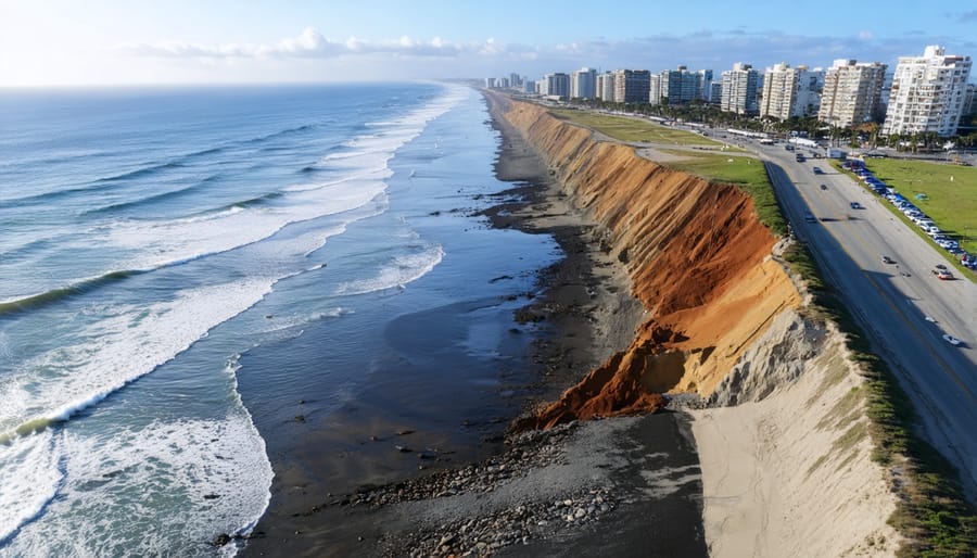 Bird's eye view of Ocean Beach coastline showing eroding cliffs and damaged sea defenses