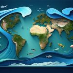 A conceptual illustration of a world map with flowing streams of vibrant colors representing ocean currents, intertwined with diverse marine life such as phytoplankton, fish, and whales, highlighting the interconnectedness and importance of these currents to marine ecosystems.