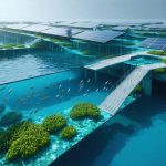 An eco-engineered harbor showcasing modern sustainable infrastructure, with coral-textured seawalls, floating solar panels, and diverse marine life including fish and oysters amidst mangrove roots.