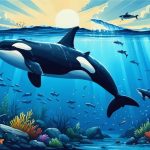 A dynamic and vibrant scene depicting Southern Resident killer whales swimming off the coast of Oregon, surrounded by rich marine life including salmon, harbor seals, and kelp forests, symbolizing ongoing conservation efforts.