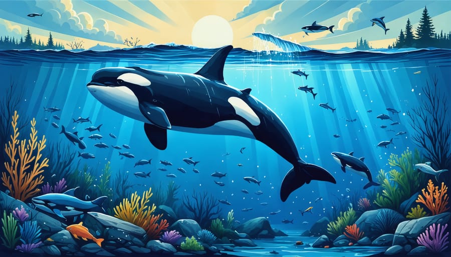 A dynamic and vibrant scene depicting Southern Resident killer whales swimming off the coast of Oregon, surrounded by rich marine life including salmon, harbor seals, and kelp forests, symbolizing ongoing conservation efforts.