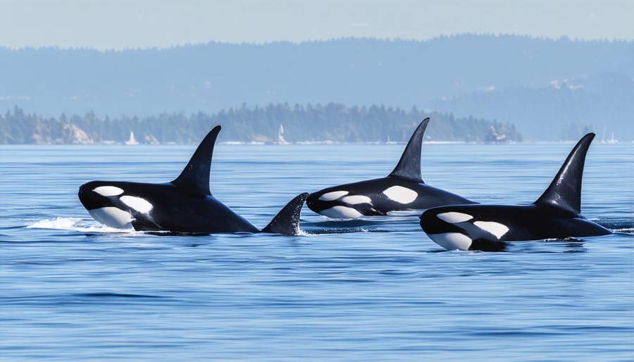 Family group of orcas surfacing in Pacific Northwest waters, showing distinctive dorsal fins