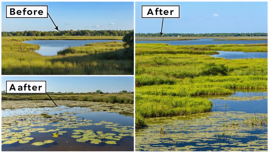 Split image showing degraded wetland alongside restored marine habitat with abundant wildlife