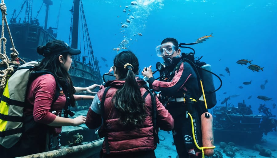 A dynamic scene depicting marine archaeologists and community volunteers working together underwater to document a shipwreck, symbolizing community collaboration in marine archaeology.