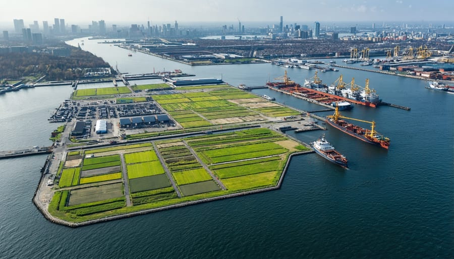 Bird's eye view of Rotterdam's modernized harbor with sustainable features highlighted