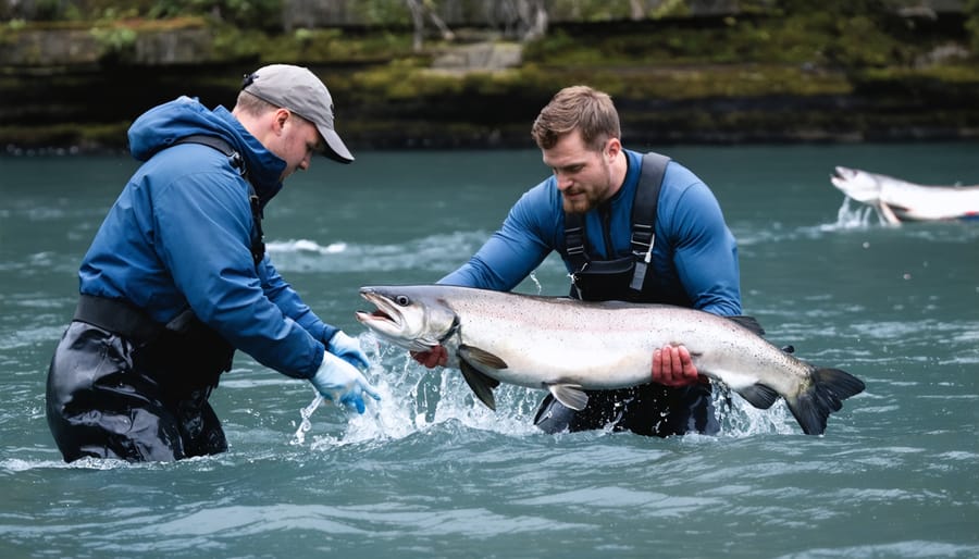 Scientists on research vessel using nets and monitoring equipment to track salmon populations