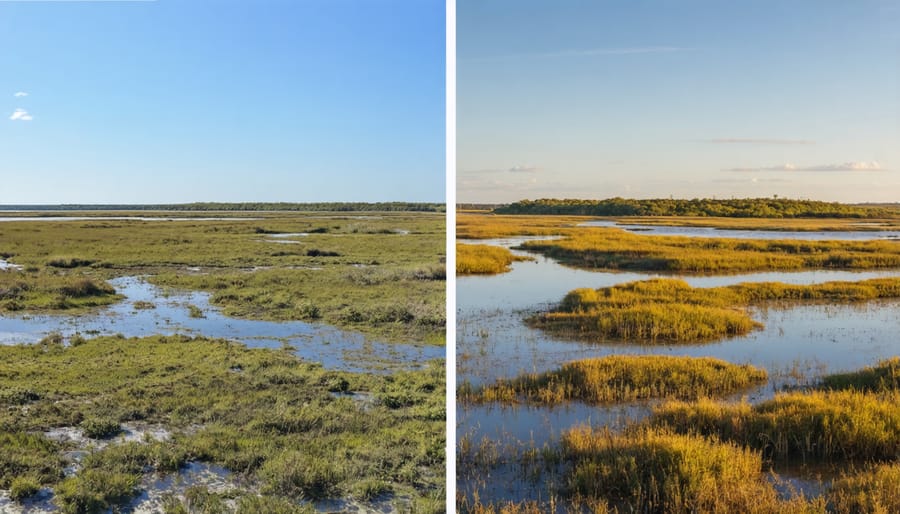 Side-by-side comparison of degraded and restored salt marsh ecosystem with volunteers working