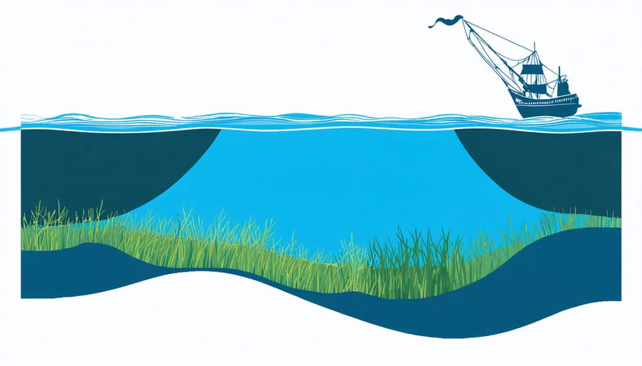 Diagram illustrating how seagrass meadows respond to increased water depth and reduced light