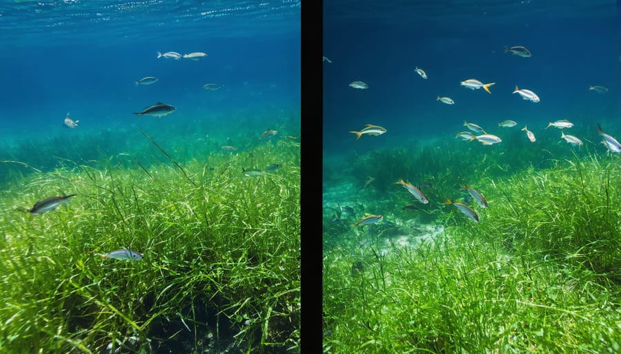 Half-underwater view showing seagrass meadow beneath the water surface with marine life