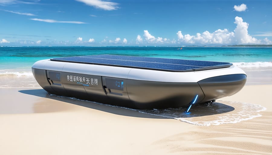 Automated marine drone collecting floating plastic waste near a popular beach