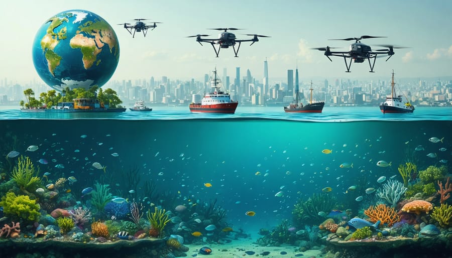 Digital collage depicting marine pollution control innovations: waste collection system, cleanup drones, thriving marine life, and a cityscape representing collaborative conservation efforts.