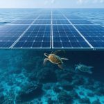 Conceptual illustration of floating solar panels above marine ecosystems, highlighting the impact of renewable energy on marine life with sea turtles and fish navigating disrupted waters.