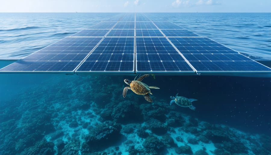 Conceptual illustration of floating solar panels above marine ecosystems, highlighting the impact of renewable energy on marine life with sea turtles and fish navigating disrupted waters.