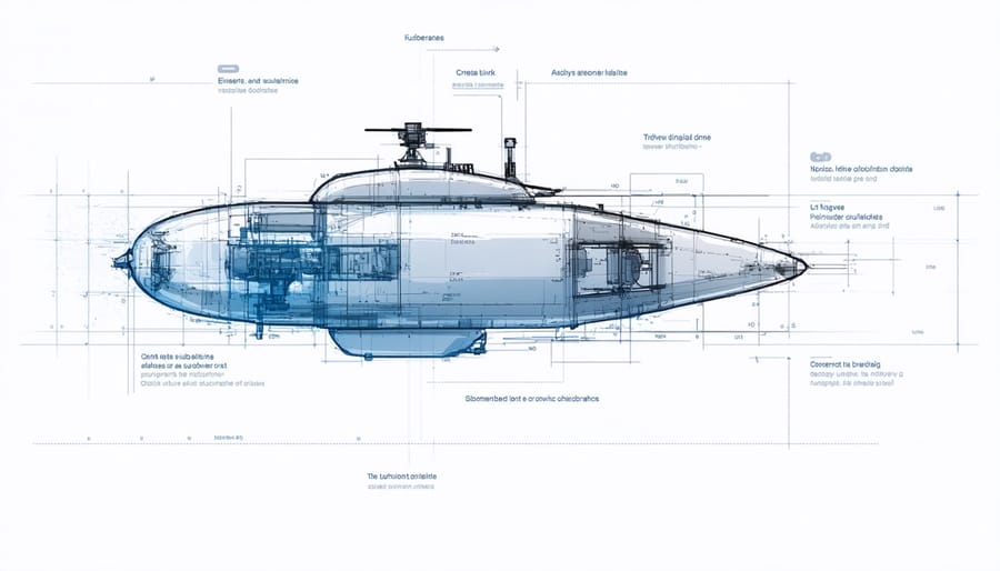 Labeled diagram showing cameras, sensors, sampling tools, and navigation systems of a submersible drone